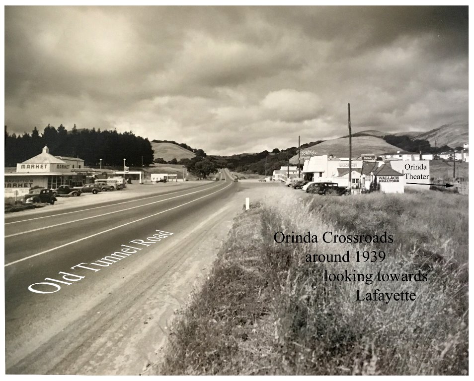 1939 Crossroads. Orinda Theater construction materials along far right side
